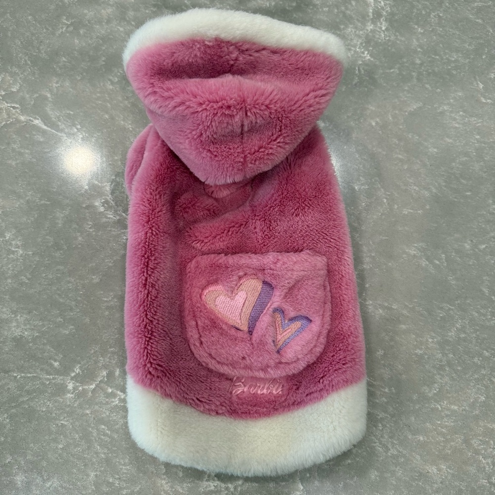 Vintage Barbie Pink Plush Dog Coat with Hood & Pocket Hearts Size Small